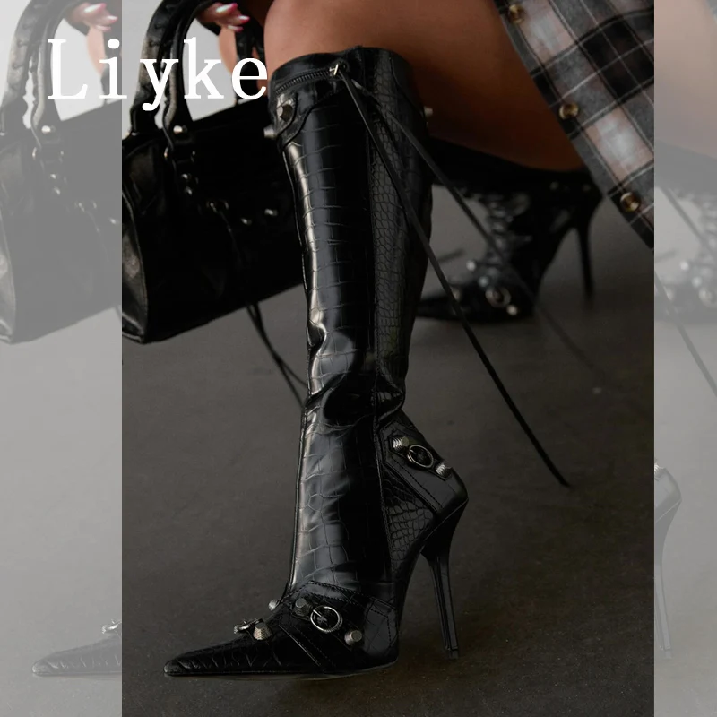 Liyke 2024 New Sexy Pointed Toe Knee High Boots Women Pole Dance Stiletto Heels Pumps Fashion Tassel Zip Rivet Winter Long Shoes