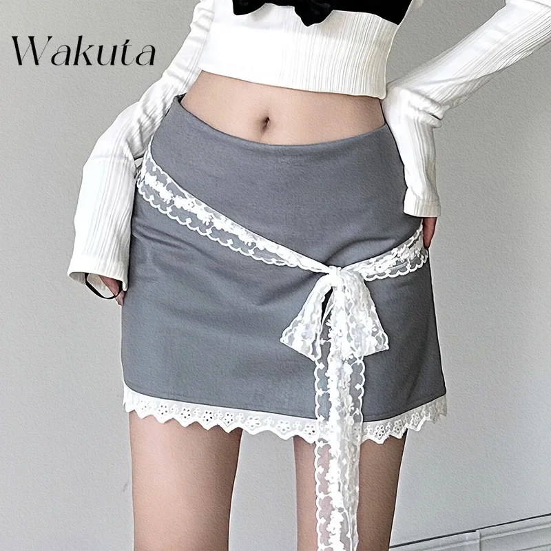 WAKUTA Fall/Winter Women's Street Fashion High-waisted Lace Half-body Skirt Women's Casual Y2k MiniA-word Short Skirt with Belt