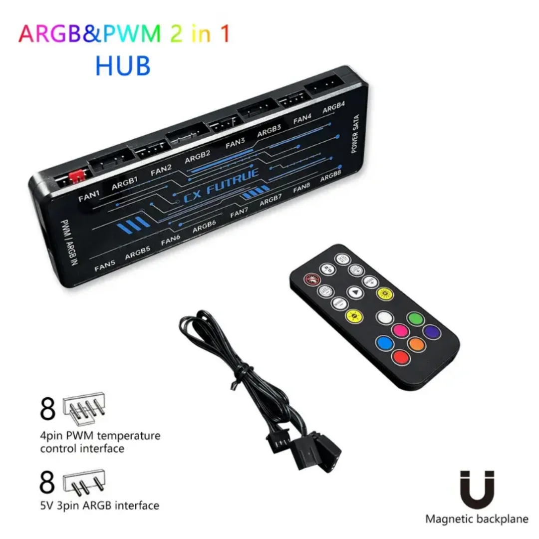 

CX FUTRUE ARGB&PWM 2-In-1 Dual 8-Port Hub, Powered By SATA, Magnetic Installation, With Remote Control (Battery Not Included).