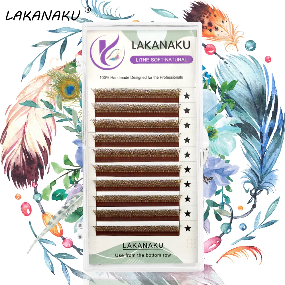LAKANAKU Brown YY Shape 2D YY Lashes Bloom Floración automática Fans prefabricados Extensiones de pestañas Pestañas individuales
