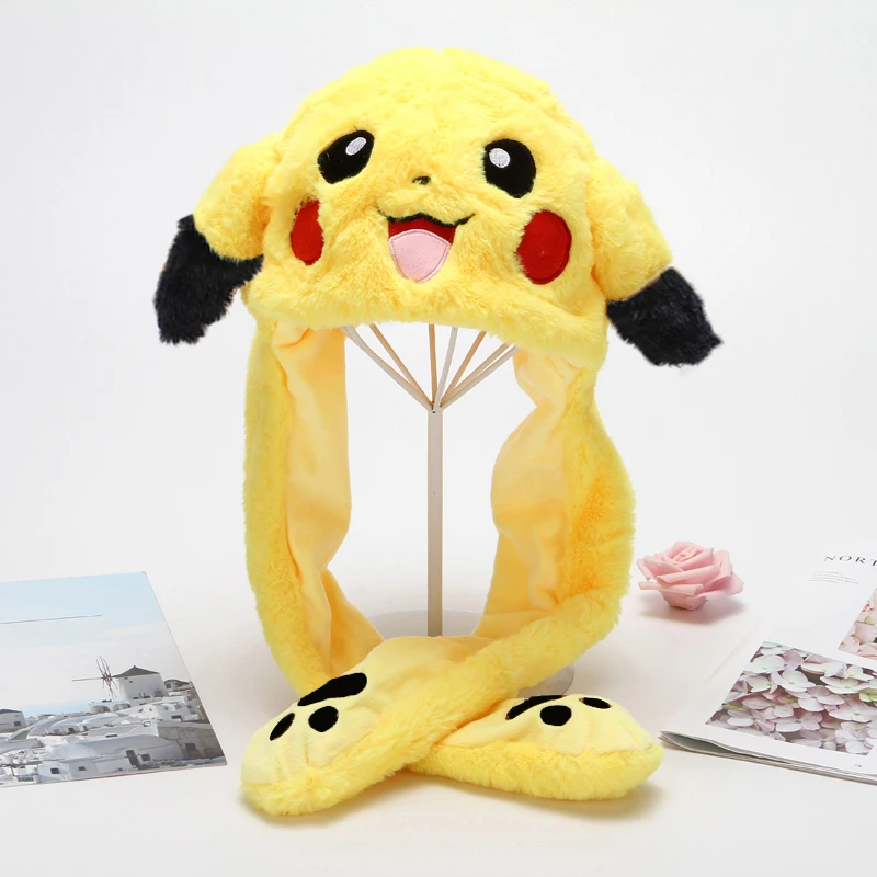 Anime Pokemon Pikachu Women Hat Beanie Can Moving Bunny Ears Hat with Shine Earflap Movable Ears Casual Animal Cap Beanies Gift