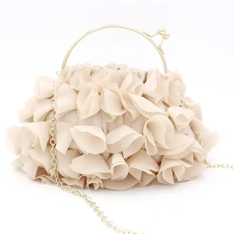 Women's floral Clutch Bags Elegant Wedding Party Bride Evening Bag Fairy Petal Ruffled Soft Handbag Purses Beige Bolsa Feminina