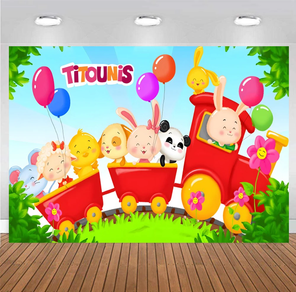 Monde Des Titounis Backdrop Cartoon Train Photography Background Props Happy Birthday Party Decorations for Baby Animals Banner