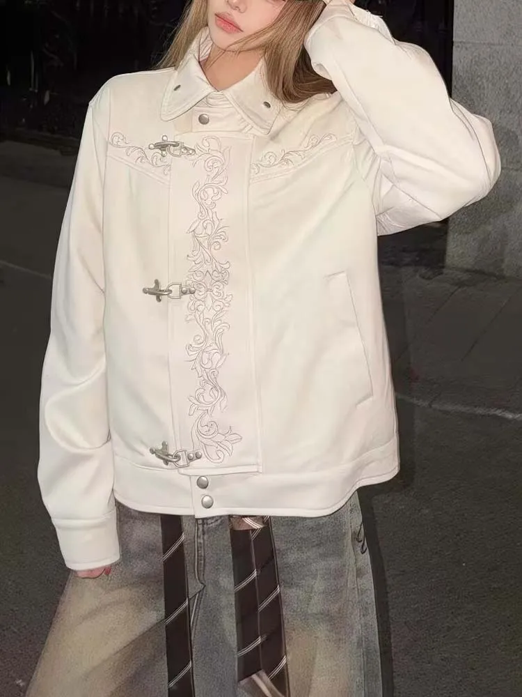 Vintage Embroidery Jacket Plane Buckle Turn Down Collar Workwear-style Jacket Women Spring Autumn Retro Streetwear Coat Tops