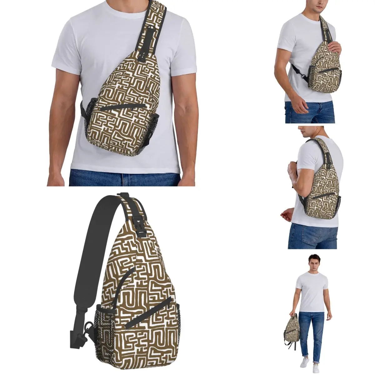 Kuba Cloth Graphic African Crossbody Sling Bag Small Chest Bag Shoulder Backpack Daypack for Travel Hiking Biking Satchel