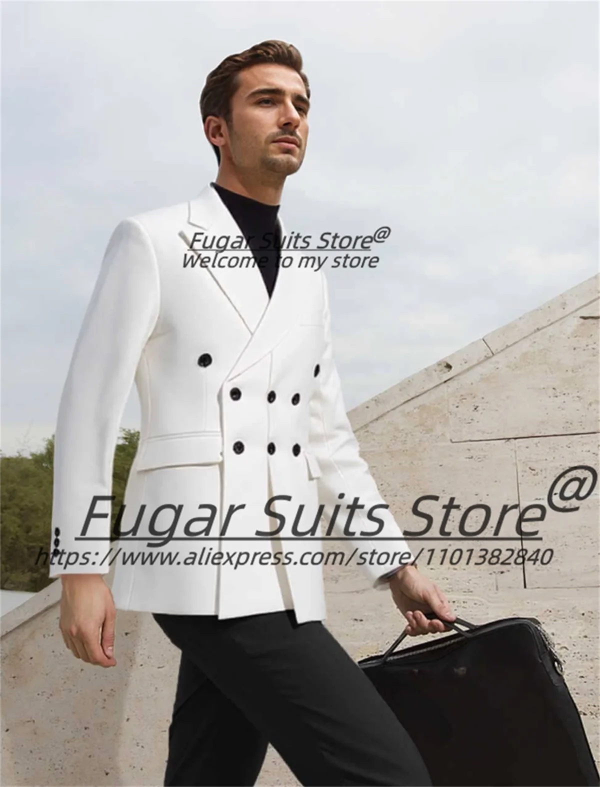 Customized Fashion White Latest Design Three row buckle Men Suits Slim Fit Peak Lapel Groom Tuxedos 2 Pcs Sets Prom Roap Hombre