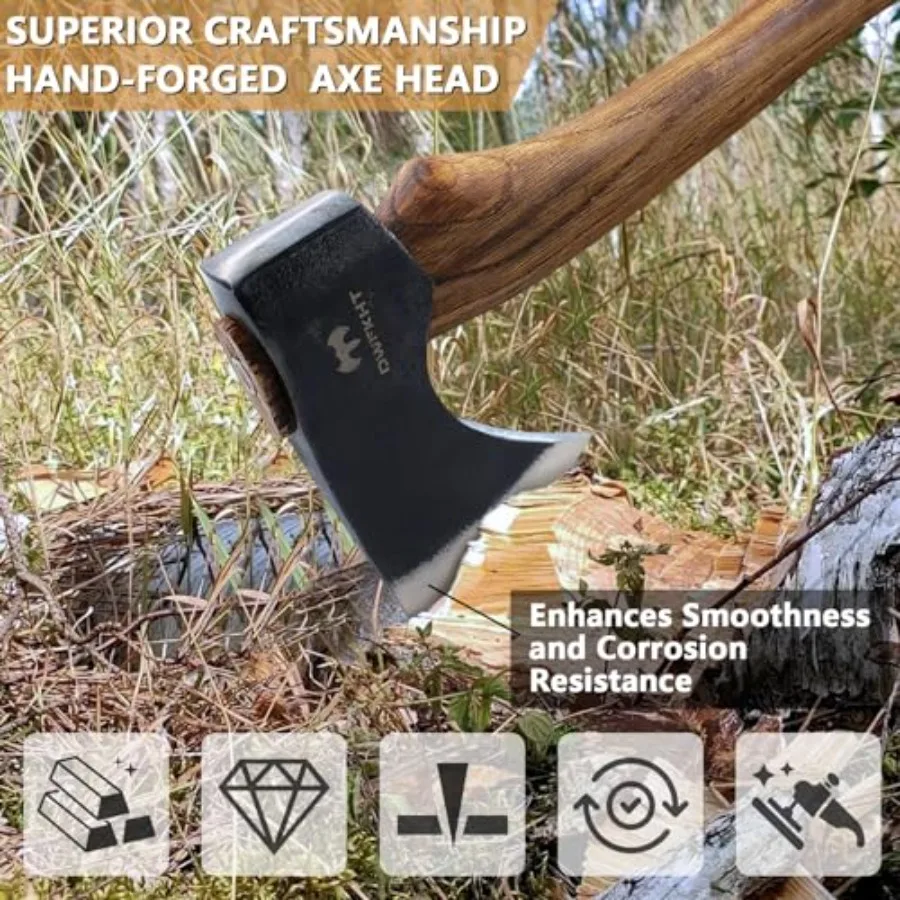 15.7" Hatchet, Camping Hatchet, Hand-Forged Axe with Sheath for Wood Chopping, Splitting, and Carving, Bushcraft Axe with Beech - view 6