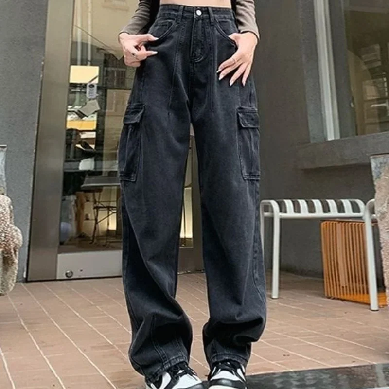 Pantaloni cargo stile americano 2024 Pantaloni estivi da donna nuovi neri grigi a vita alta dritti a gamba larga Pantaloni hiphop larghi da strada