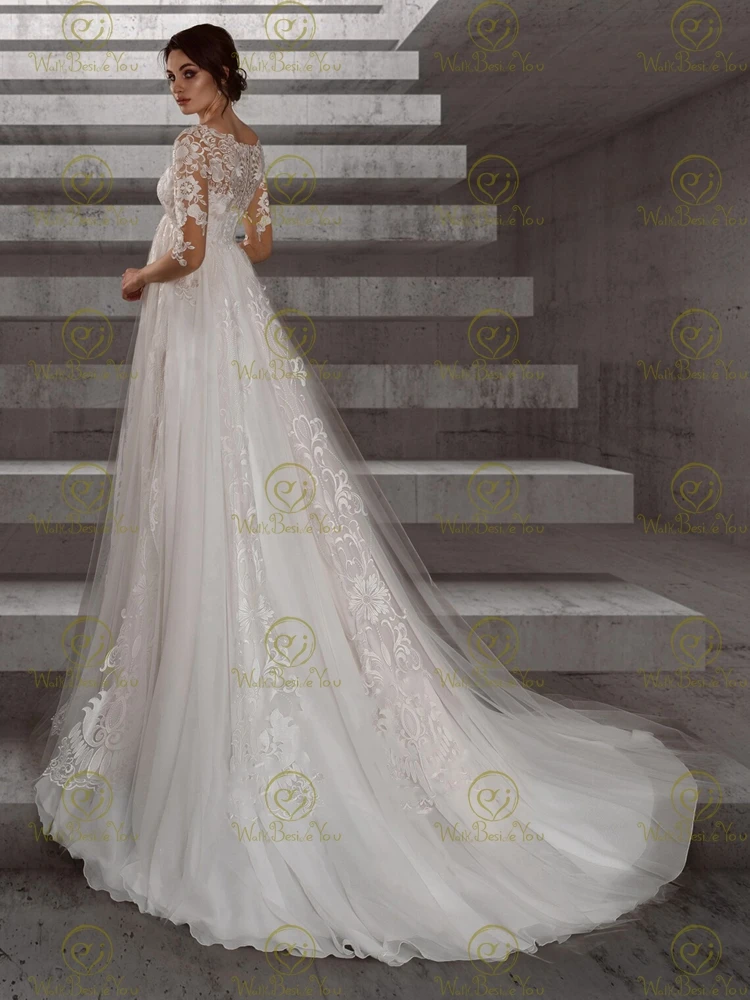 Gaun pernikahan hamil 2024 renda Applique Tulle lengan 3/4 gaun pengantin garis A pesta Formal wanita pengantin buatan khusus elegan