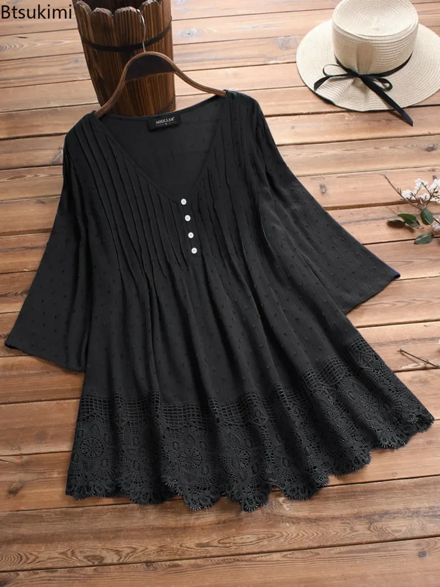 2025 Women's Cotton Linen Blouse Tops Fashion Lace Hollow Out V-neck Shirt Ladies Retro 3/4 Sleeve Loose Casual Tops Plus Size