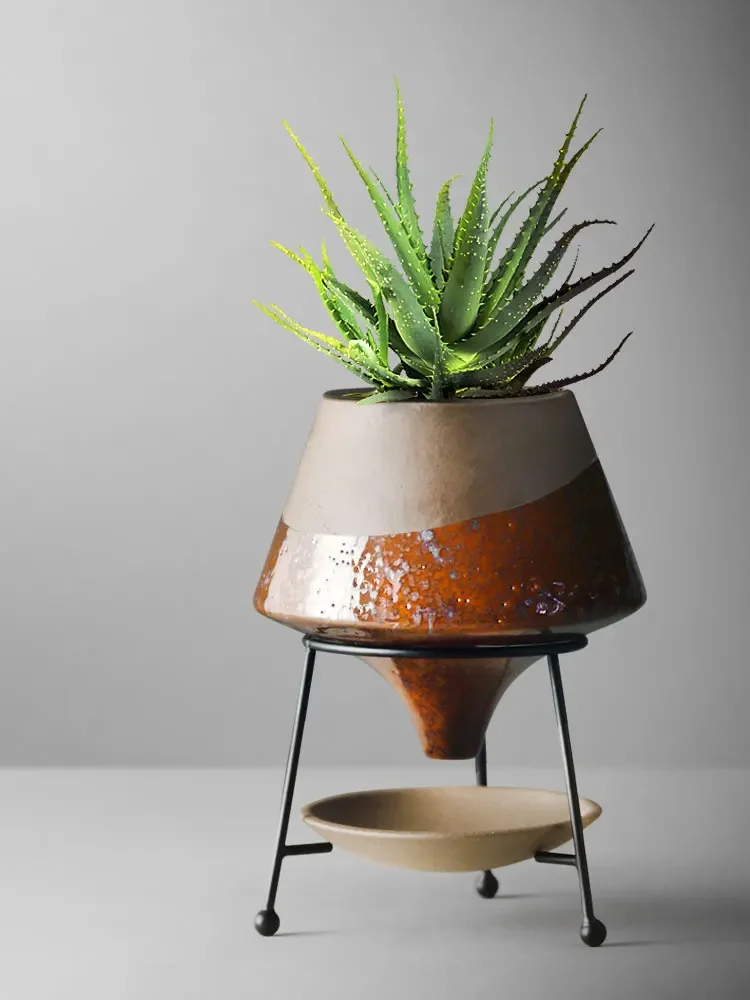 

European Ceramic Flower Pot Decoration Metal Stand Abstract Irregular Vase Succulent Plant Flower Pot Modern Home Decoration New