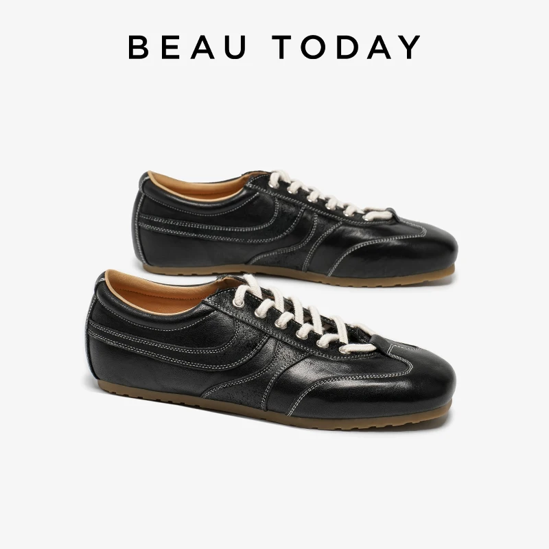 BEAUTODAY Casual Sneakers Women Cow Leather Solid Color Round Toe Sports Trainers Lace-Up Ladies Shoes Handmade 29E21