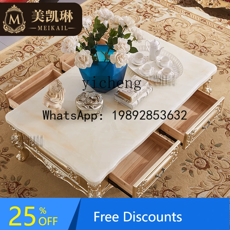 

TT European solid wood carving flower coffee table, imported natural marble rectangular coffee table