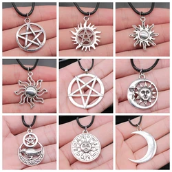 30 Styles Unisex Amulet Wicca Jewelry Gift Sun Moon Star Pentagram Pendant Necklace Black Leather Cord