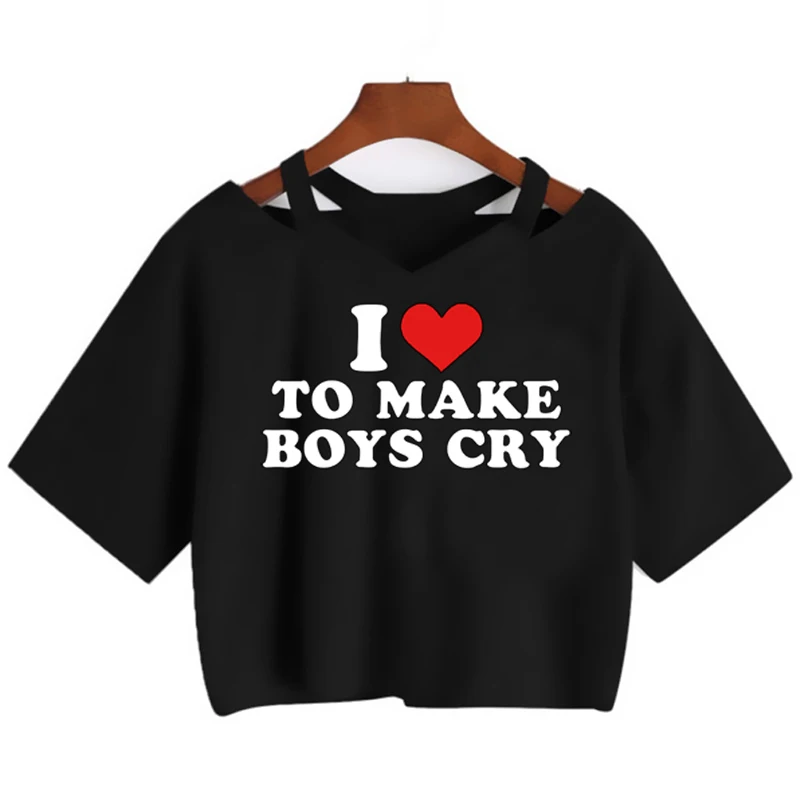 

Harajuku Letter I Love To Make Boy Cry Print T-Shirt Women Short Sleeve Skinny Cropped Y2k Crop Tops Streetwear Female