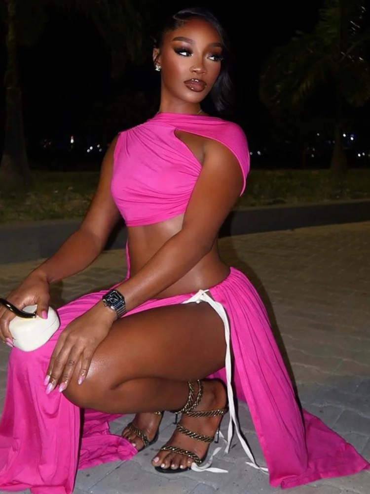 فساتين خريف 2025 أنيقة بدون أكمام بفتحة عالية للحفلات والنوادي فساتين نسائية مثيرة بدون ظهر بأشرطة غير منتظمة لقضاء عطلة الشاطئ