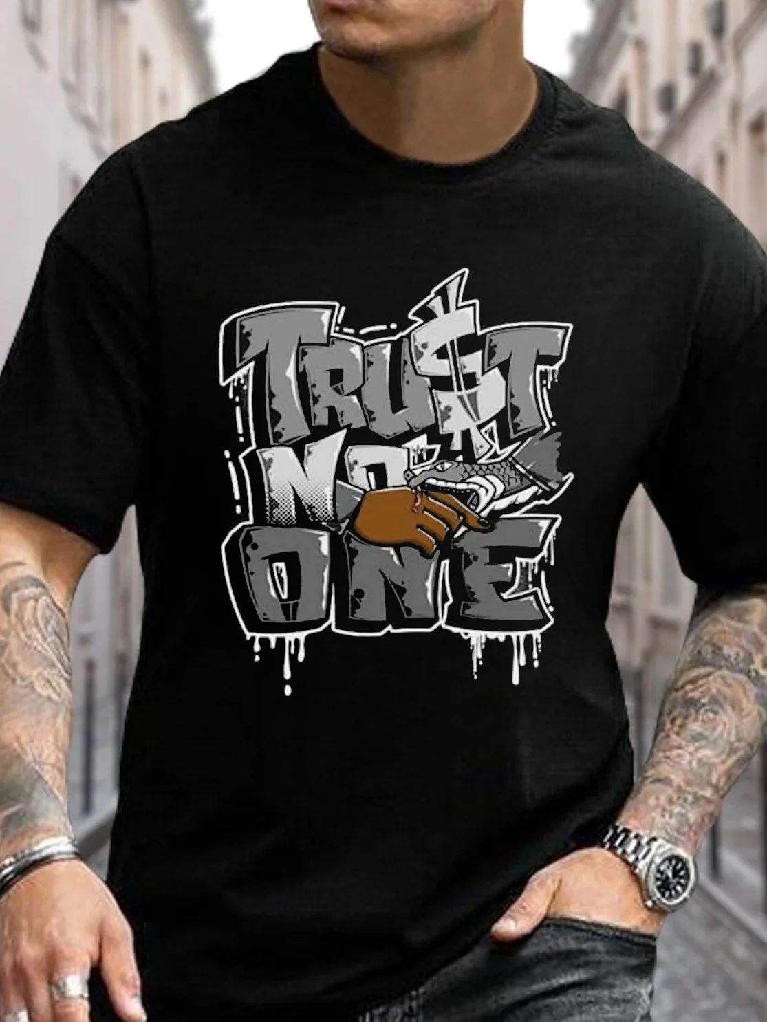 

Edgy Cotton Edgy Black Cotton Mens TShirt Round Neck Short Sleeve Trust No One Graffiti Print Snake Finger Design