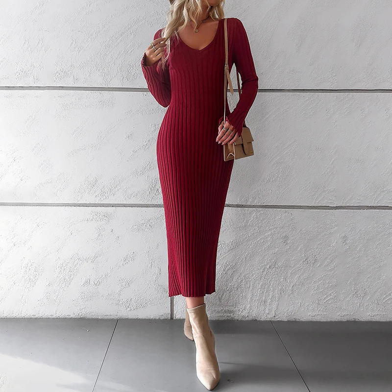 Fall Winter Women Sweater Dresses Vneck Long Flare Sleeve Knitted Rib Striped Back Bandage Bodycon Lady Elegant MIDI Black Dress