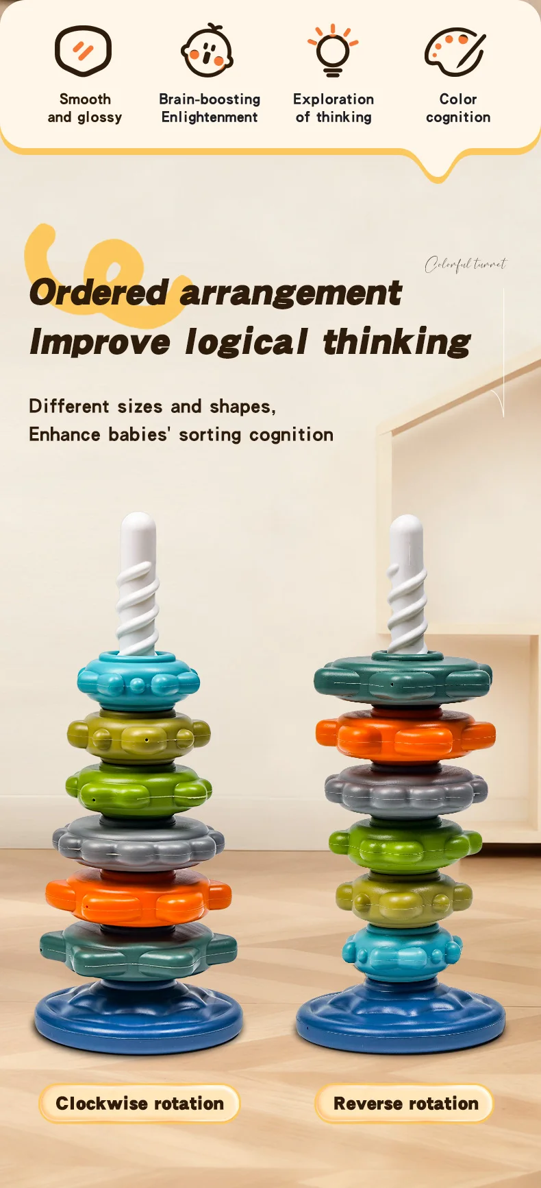 Rainbow Twist and Stack Bunte Nistringe 1-3 Jahre altes Baby und Kleinkind Twist Tower Früherziehung Lernspielzeug, Kinder – Detail 2