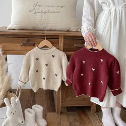 Winter 2024 Baby Girls Knitwears Cotton Knitted Knotbow Versatile Warm Infant Girls Pullovers Toddler Girls Princess Sweaters