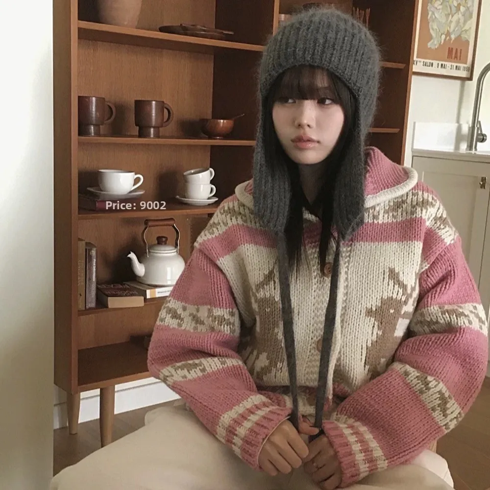

Loose Long Sve Sweater for Women Deer Pattern Color Blo Sweet Gentle Pink High Collar Autumn Winter Casual Sle Top