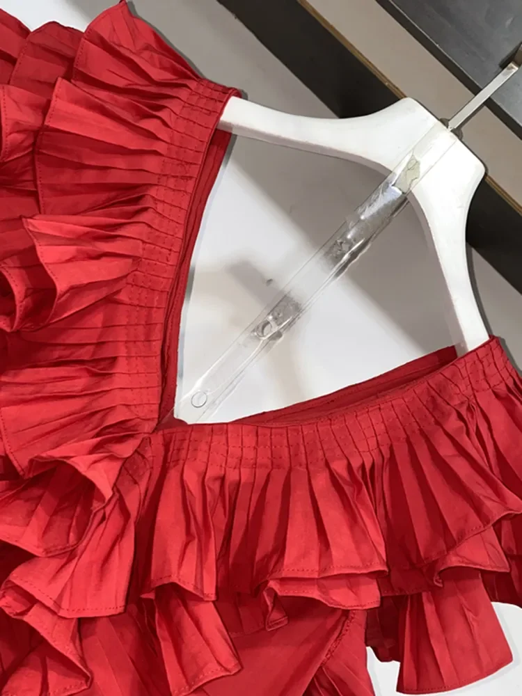 Vestido Midi informal holgado sin mangas para mujer, traje de cintura alta con volantes y cuello de pico, color liso, 2023