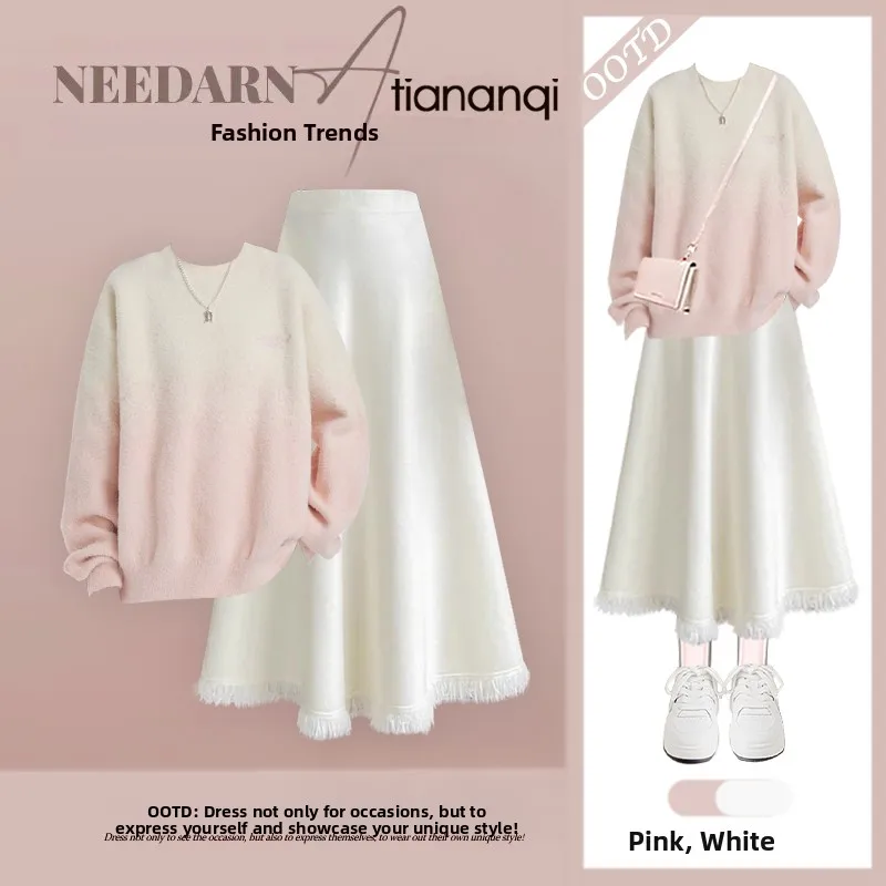 

Fashionable Elegant Winter Outfit Two-Piece Set Slimming Skirt Sweater Combo Age-Defying Gentlewoman's Ensemble