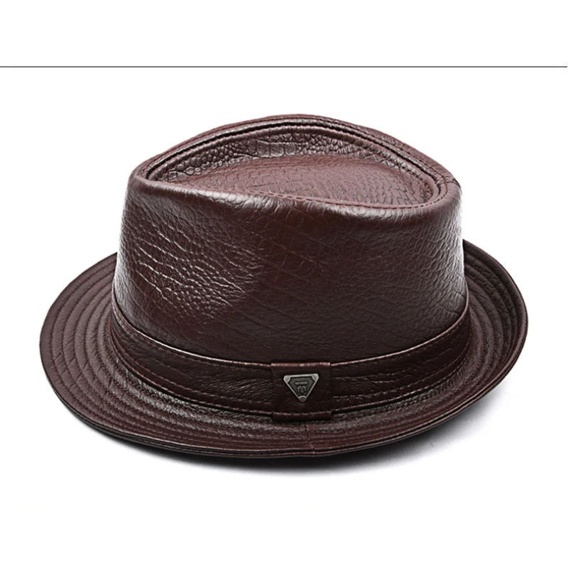 Men's Cowhide Leather Fedora Hat - Versatile Curved Brim Embossed Pattern Daily Wear Autumn/Winter Cap Size 55-61cm