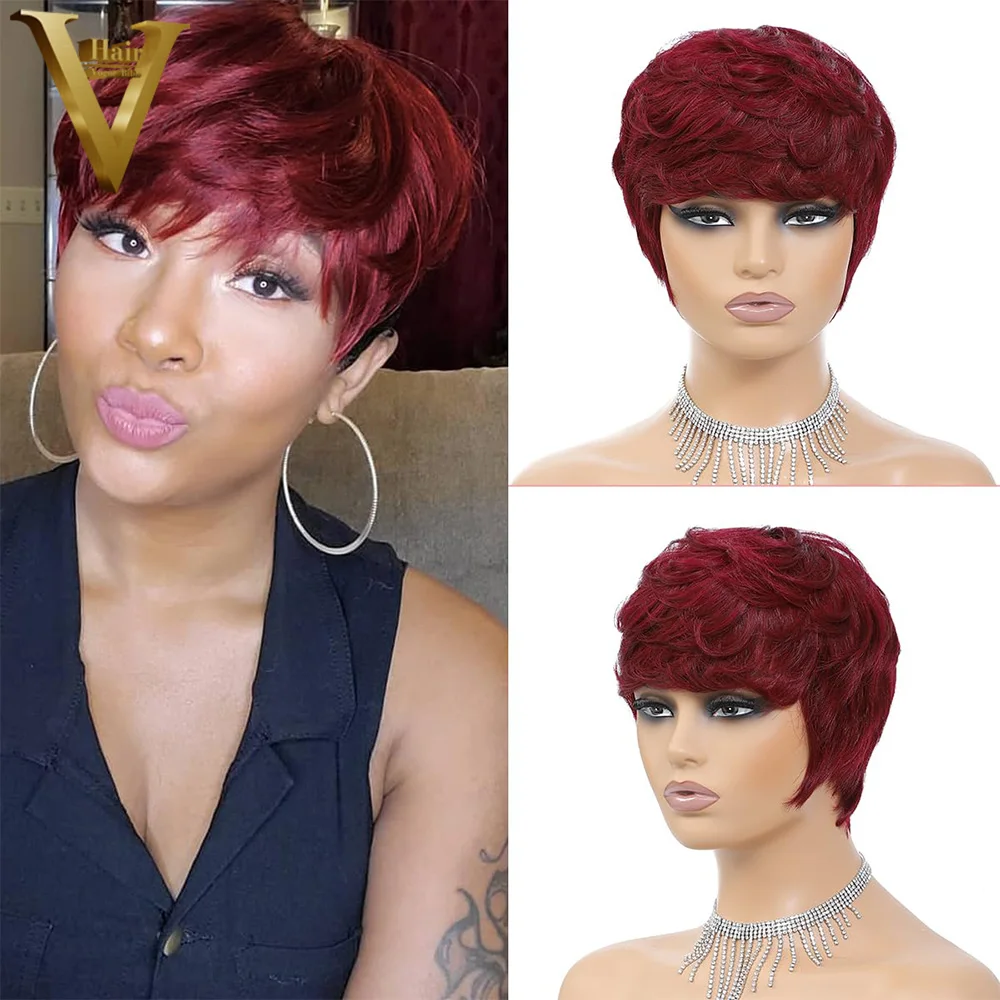 

Short Burgundy Full Machine Made Wig For Black Women Pre Plucked Pixie Cut Wigs Brazilian Virgin Remy Human Hair Wig With Bangs