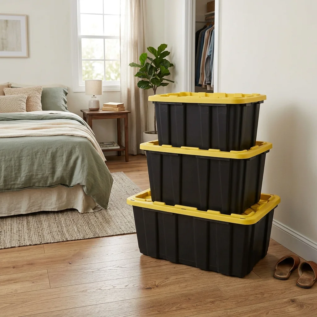 17 Gallon Heavy-Duty Tough Storage Tote, Black & Yellow, 4 Pack, Stackable Plastic Storage Container with Lock Holes & Ergonomic Handles for Home, Garage & Job Site Organization