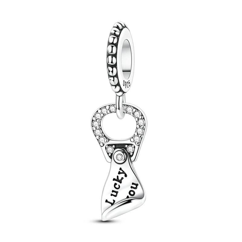 Vergoldeter 925er Silber-Flaschenöffner, niedliche „Lucky You“-Anhängerperlen, passend für 925er Charm-Armbänder, Perlen, Schmuck, Geschenke für Frauen