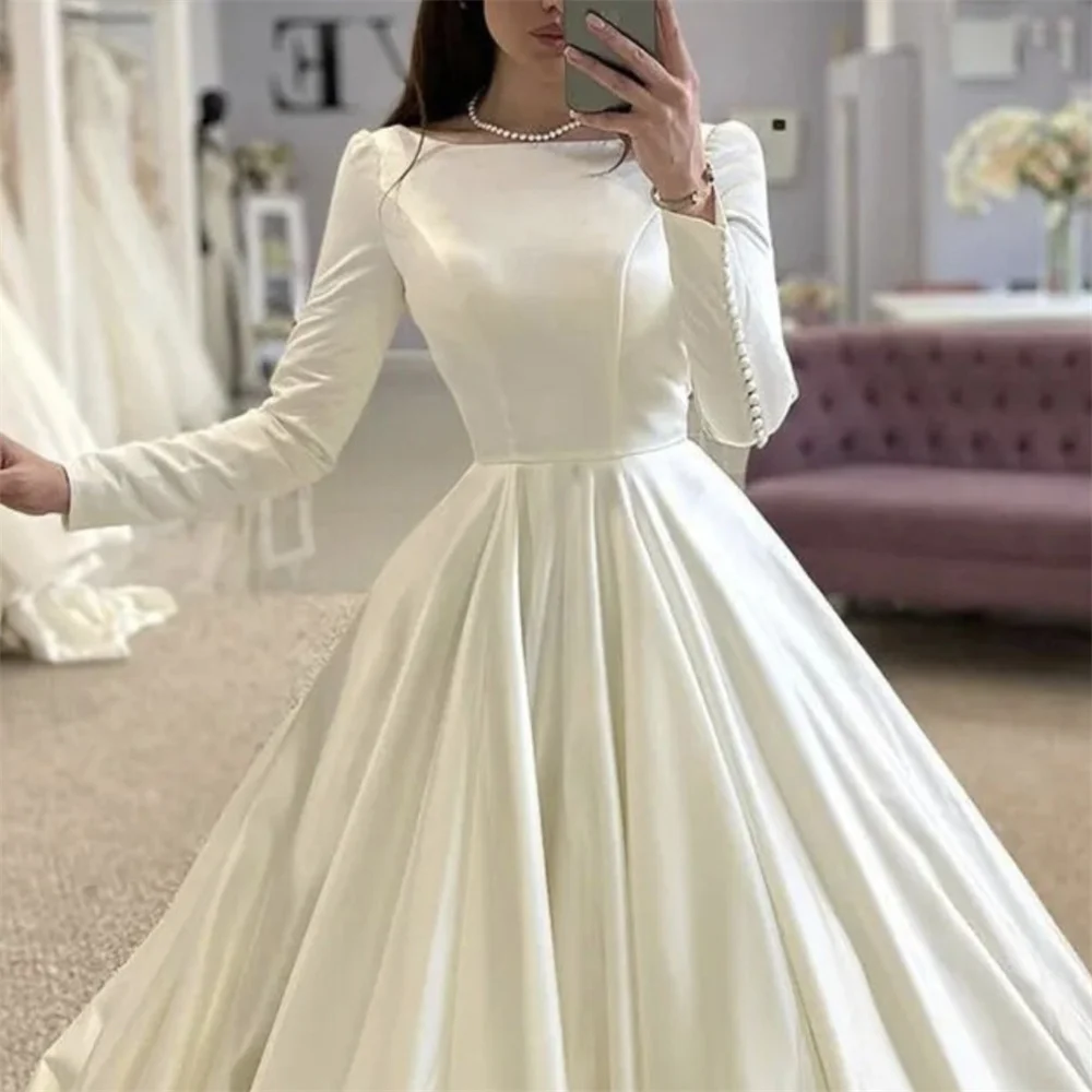 Amanda Satin Langarm Ballkleid Brautkleid bescheidenes Elfenbein Vestidos de Novia Seiden satin فستان الزفاف