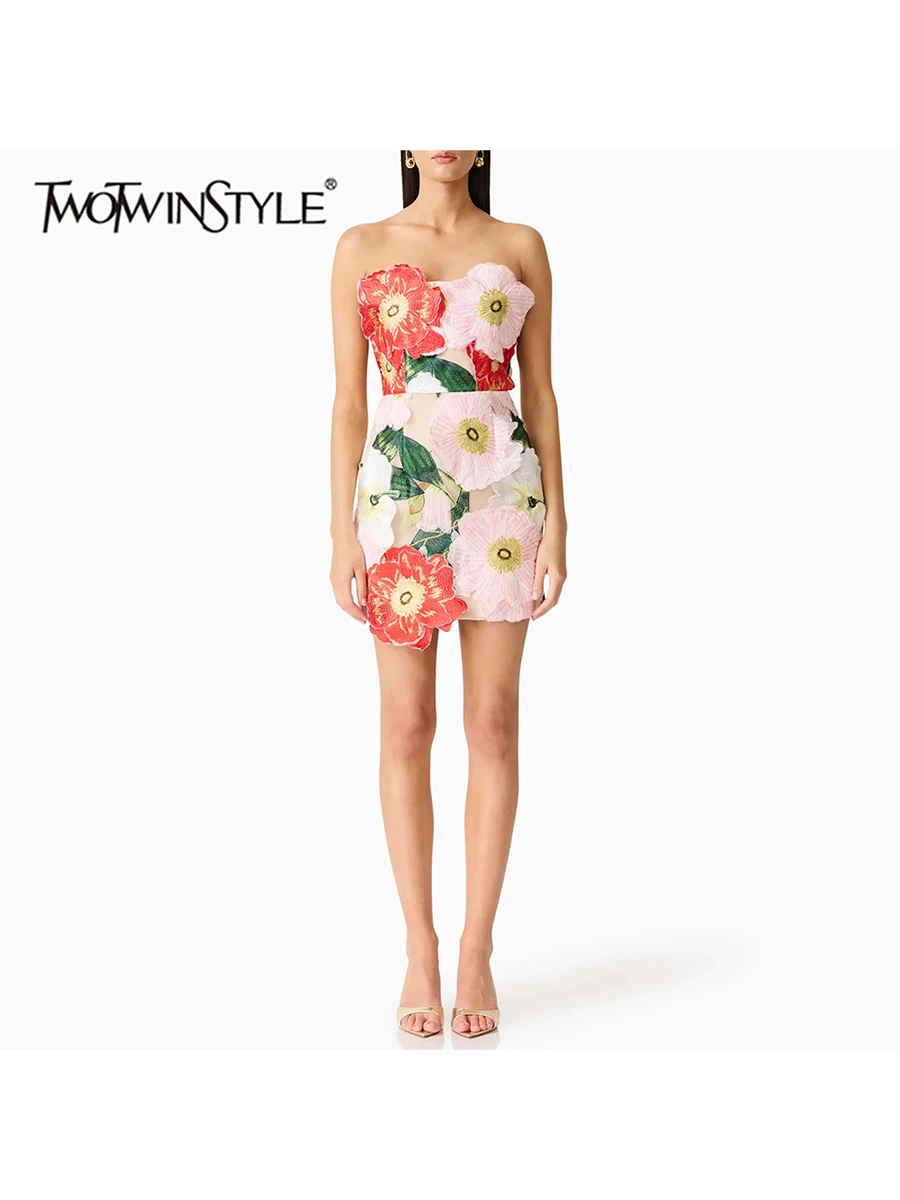 TWOTWINSTYLE Applique Spliced Colorblock Slim Mini Dress for Women Strapless Sleeveless Patchwork Zip Embroidery Dresses Female