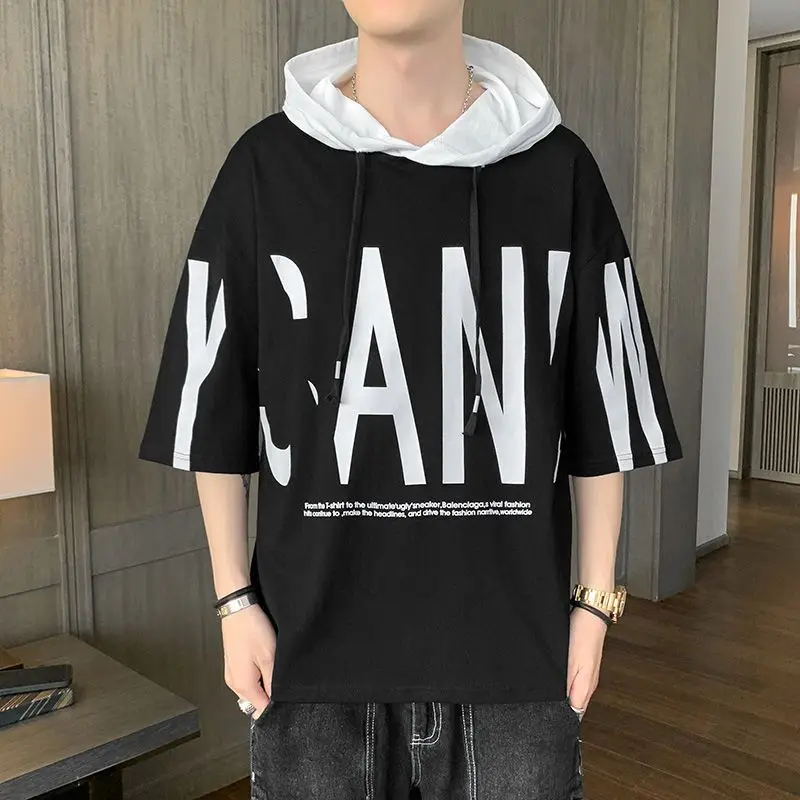 Fashion O-Neck Loose Printed Letter Hooded T-Shirts Men\'s Clothing 2024 Spring Summer New Oversized Korean Tops Casual Tee Shirt