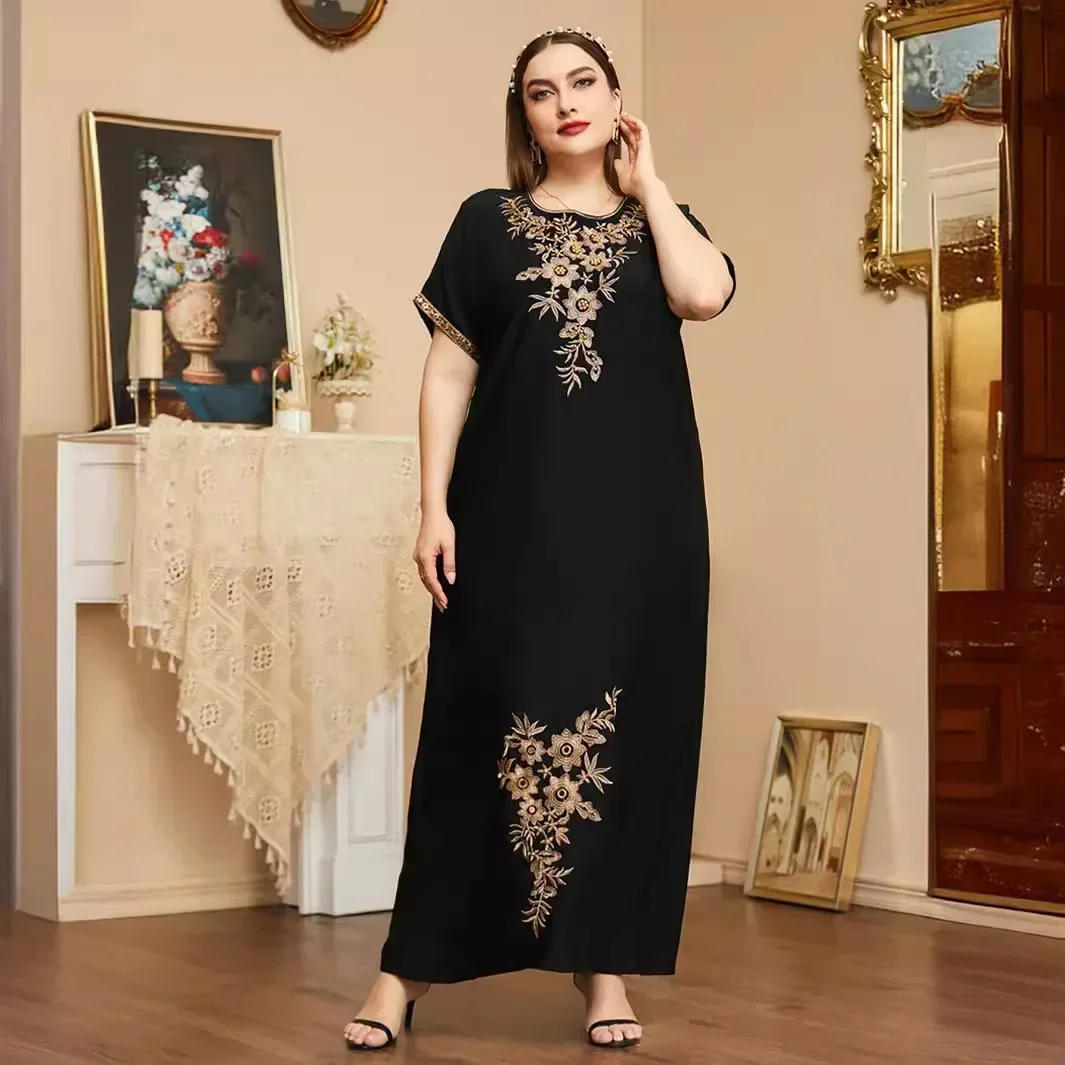 Novo verão miçangas bordado abaya para vestido muçulmano feminino marroquino kaftan roupas islâmicas manga curta solta robe islâmico árabe