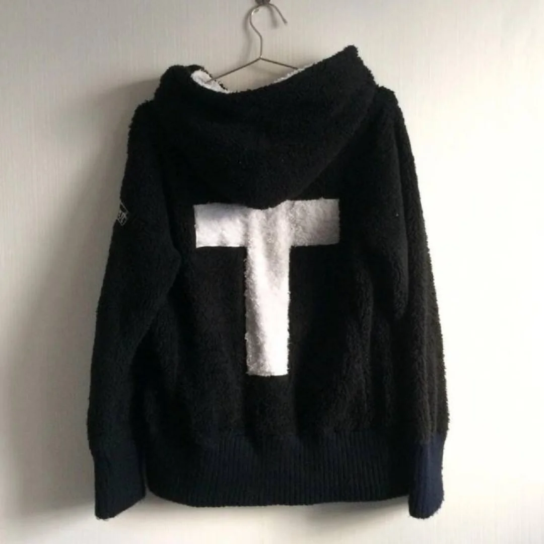Autumn and winter subculture cross plush hooded jacket for men and women, warm and unique sweater cardigan for couples