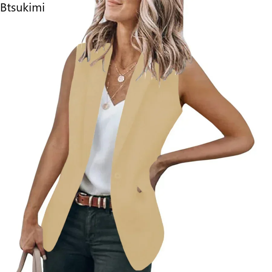 2025 chaqueta de oficina de verano para mujer, chaleco liso sin mangas, chaqueta de traje para mujer, cárdigan holgado con cuello, chaleco con un solo botón para mujer