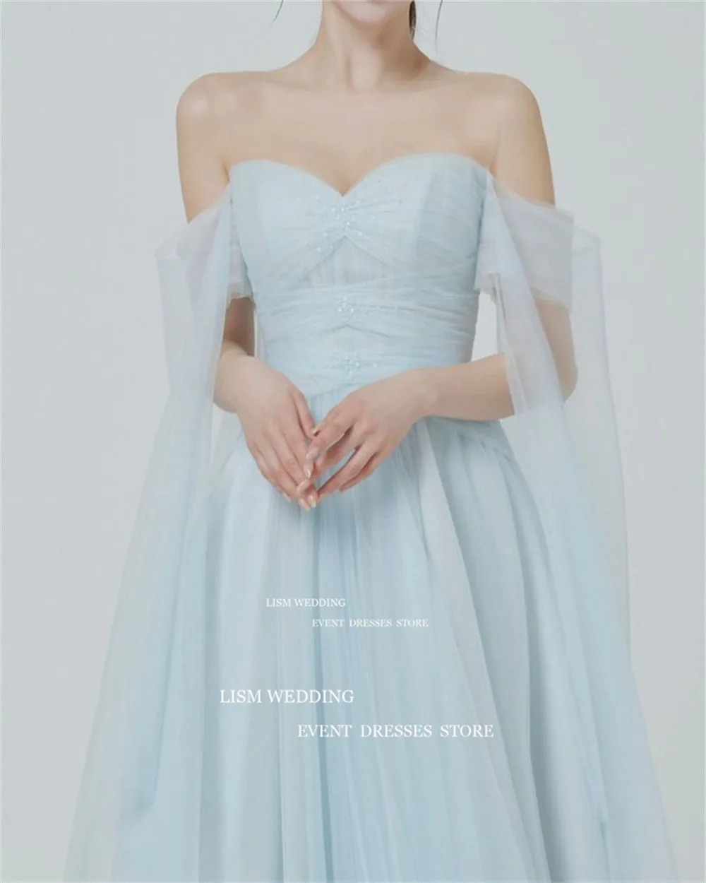 LISM Sweetheart Sky Blue Korea A Line Evening Dresses Off Shoulder Wedding Photo Shoot Formal Occasion Gown Backless Party Dress