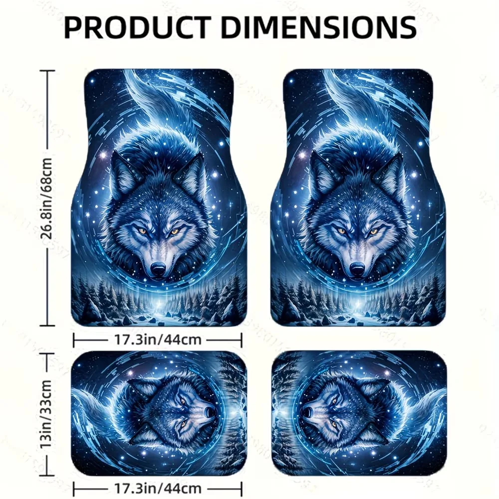4Pc. Blue-Eyed Wolf Print Car Floor Mats - Universal Fit, Polyester Fiber, Non-Slip Rubber Backing, All-Weather Protection for Vehicle Front and Rear