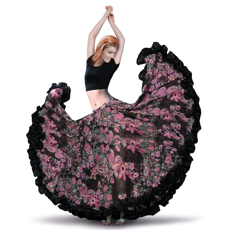 Saia espanhola para dança do ventre Saias Flamenco Chiffon 720 °   Grande saia cigana para dança do ventre, traje cigano tribal, saia de 25 jardas