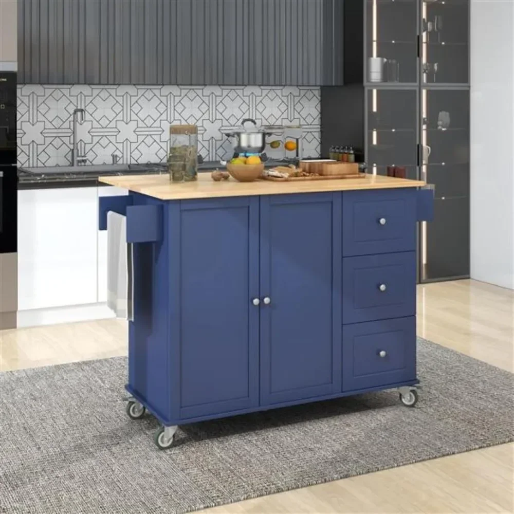 Mobile Kitchen Island Trolley Dining Cabinet with Drop Down Board Solid Wood Top, Dark Blue，Kitchen Islands & Trolleys