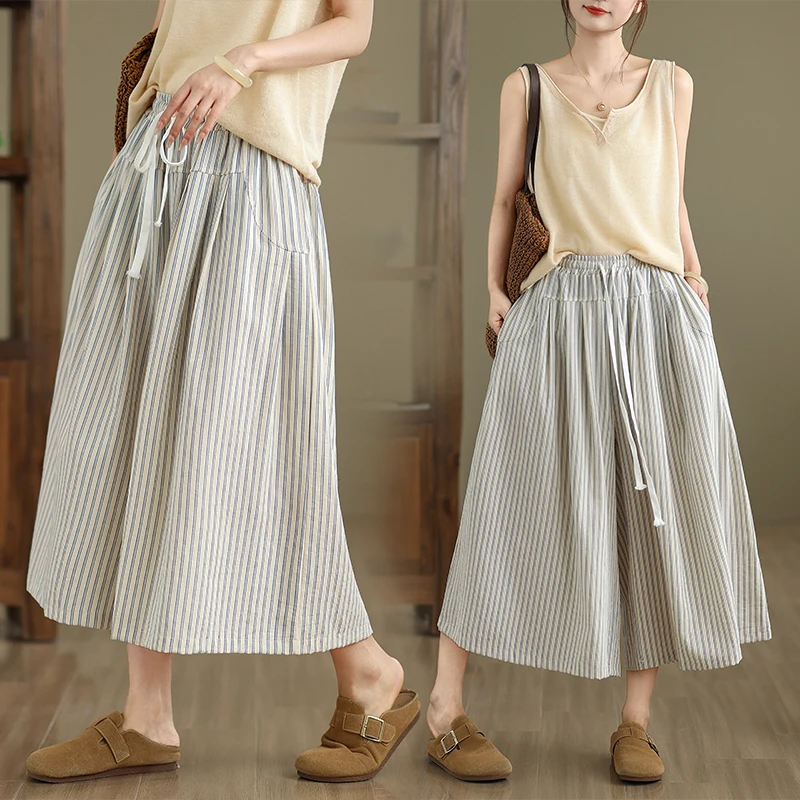 Emagrecimento cintura alta algodão linho calças de perna larga das mulheres preguiçoso sle sete Polegada calças roxo listrado calças casuais