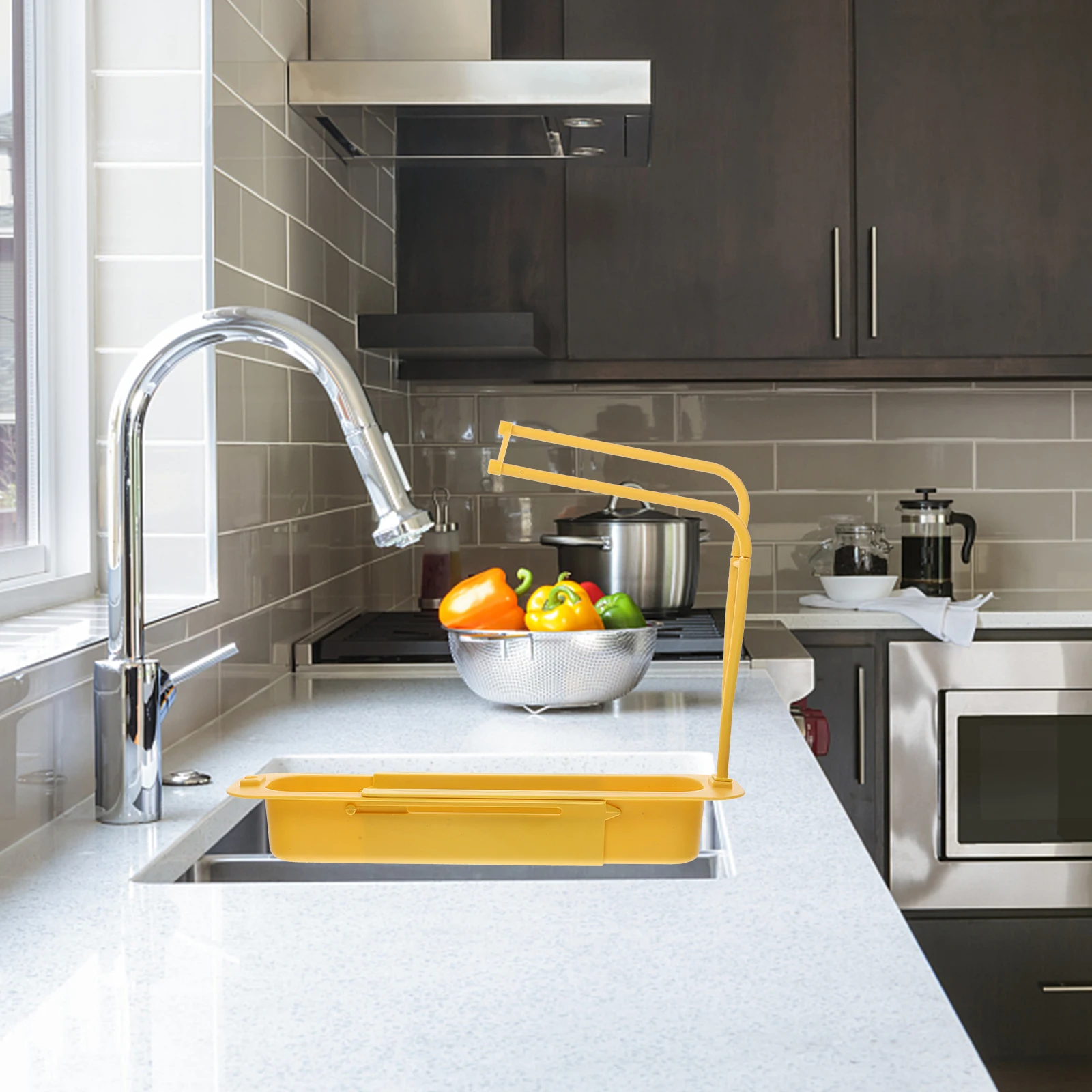 

Dish Towels Drain Basket Storage Rack Telescopic Sponge Holder Yellow Kitchen Sink Organizer Dry Shelf drain basket for kitchen