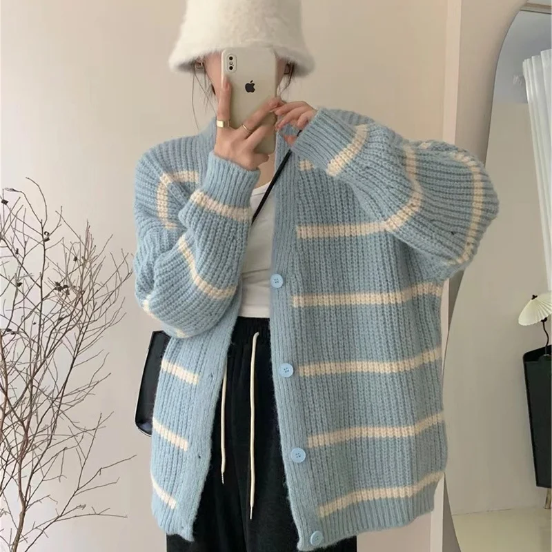 السيدات Thiened V-Ne محبوك سترة معطف شريط نمط الخريف الشتاء ملابس خارجية عادية Sle العلامة التجارية الصينية طويلة Sve
