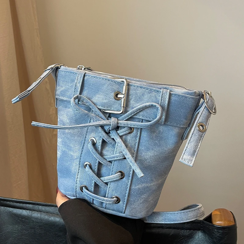 Vintage torebka damska 2024 wiosna lato Trend Y2K Retro Denim torba na ramię Crossbody projektant torebka wiadro mała torebka na telefon