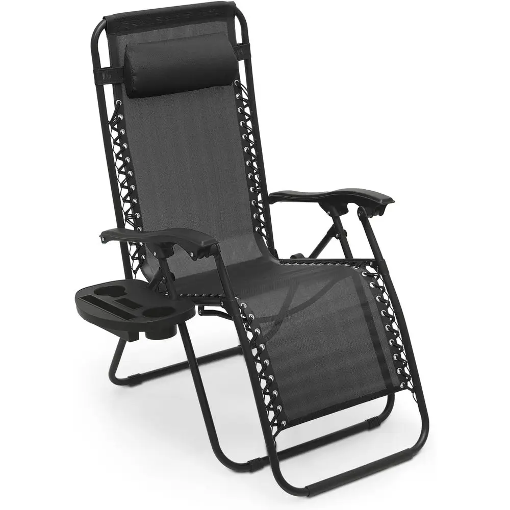 Zero Gravity Chair, Outdoor Lounge Chair - Black | Adjustable Pillow, Cup Holder, Reclining Camping Chair for Beach, Lawn, Garde