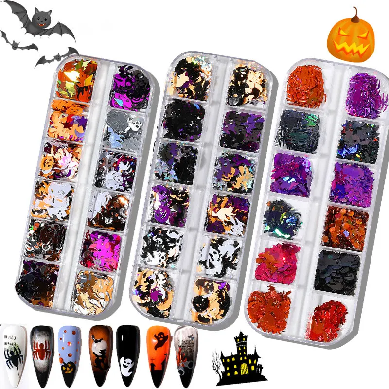 New Halloween Nail Art Jewelry Glitter Sequin Holographic Skull Spider Cat Bat Nail Decal DIY Nail Art Decoration