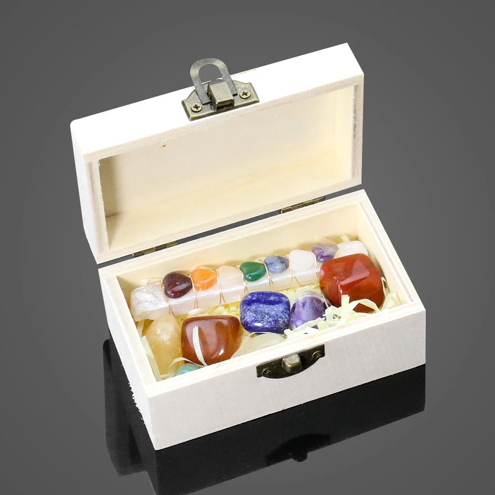 1 Set Wood Boxed Natural Stone Crystal Gem Seven Chakra Set Healing Meditation Home Collection Craft Stone Decoration Maison