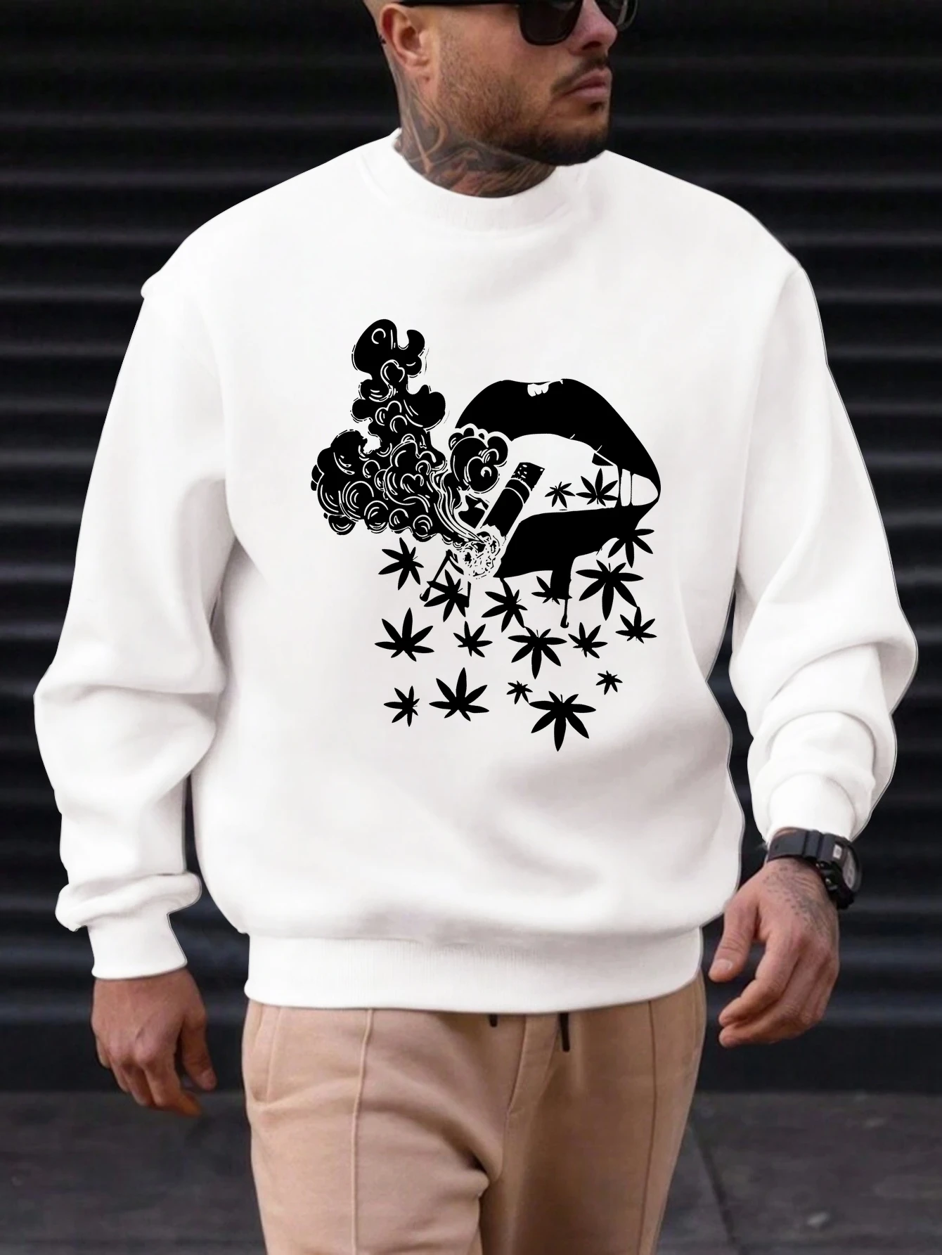 

2025 New Men's Cotton Sweatshirt Lips Smoking Pattern Printing Round Neck Fashion Casual High Quality Daily Top Clothing