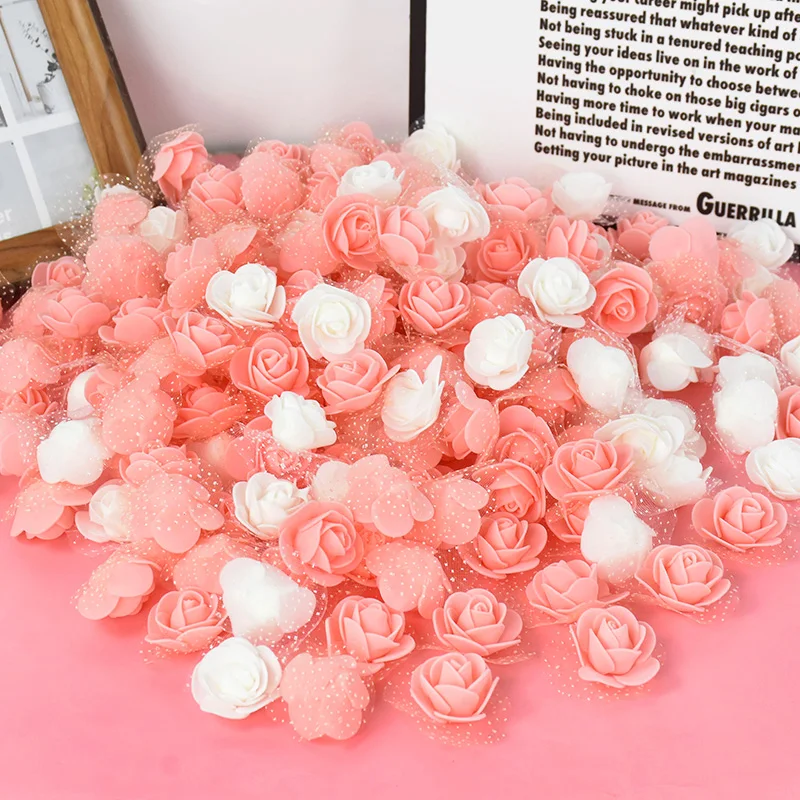 100/200Pcs 3CM Artificial Rose Head Foam Bear Rose Flowers with tulle For Wedding Birthday Party Home Decoration DIY Crafts Gift